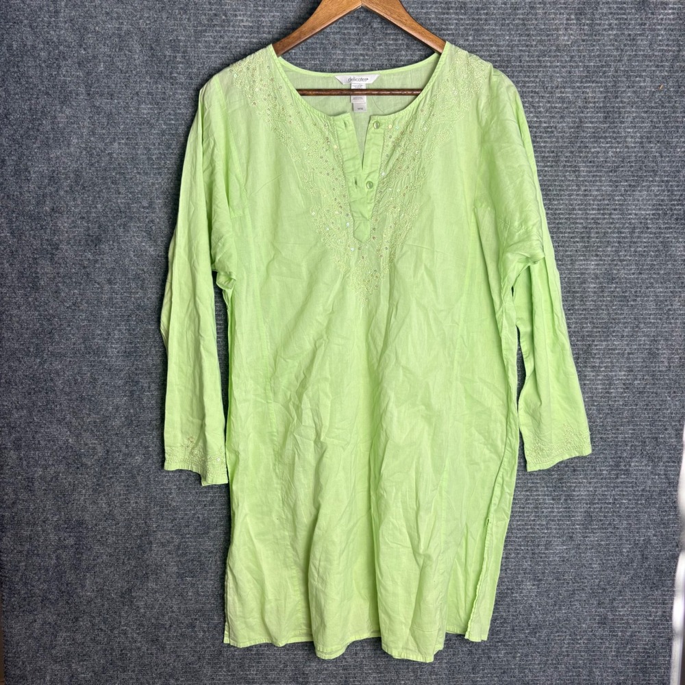Delicates Lime Green Cotton Embroidered Sequin Tunic Top Womens Medium Boho